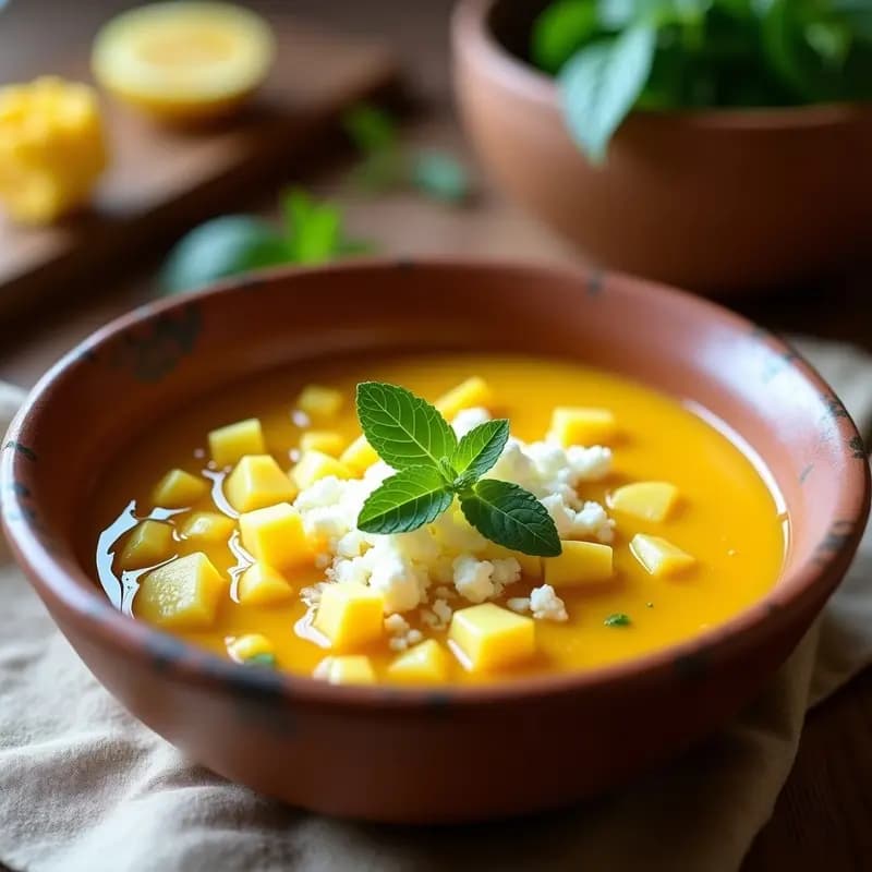 Plato hondo de barro con sopa de corn trigo peruano, granos morados y amarillos, cubos de papa, queso fresco desmenuzado y hojas de hierbabuena fresca. Receta tradicional peruana reconfortante.
