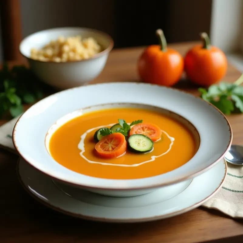 Cuenco blanco con sopa crema de calabacín y zanahoria en Thermomix, textura sedosa, decorada con semillas de sésamo y aceite de oliva, fondo rústico de madera.