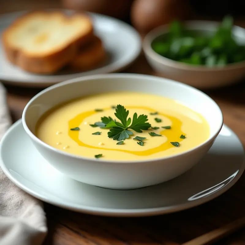 Cuenco blanco con sopa cremosa de coliflor y ajo asado, decorada con perejil fresco y un hilo de aceite de oliva, sobre fondo de madera rústica.