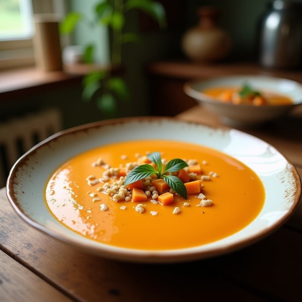 Cuenco blanco con sopa crema de boniato y coco, decorada con cilantro fresco y un hilo de leche de coco, sobre fondo rústico de madera.