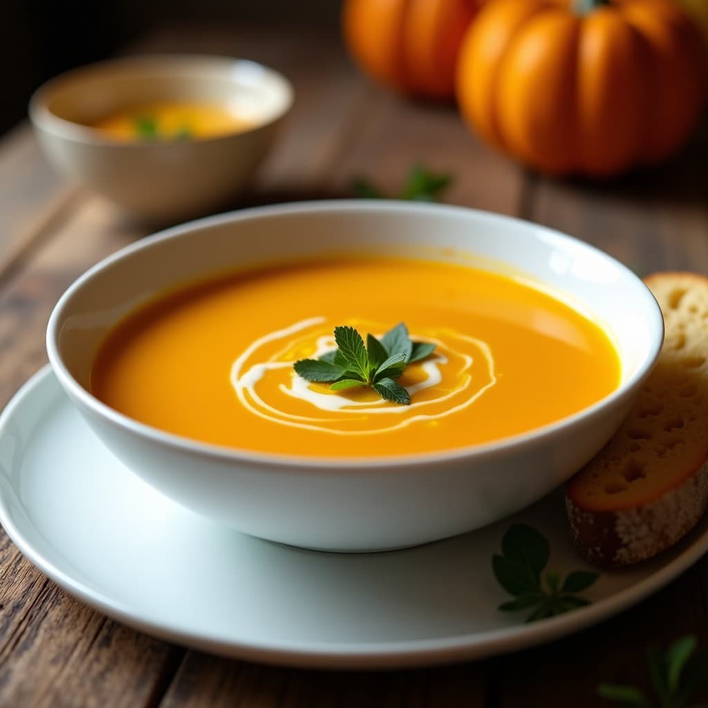 Plato hondo de cerámica blanca con sopa crema de zapallo locro ahumado, color naranja intenso, decorada con hojas de hierbabuena y un hilo de aceite de oliva. Fondo rústico con pan tostado.