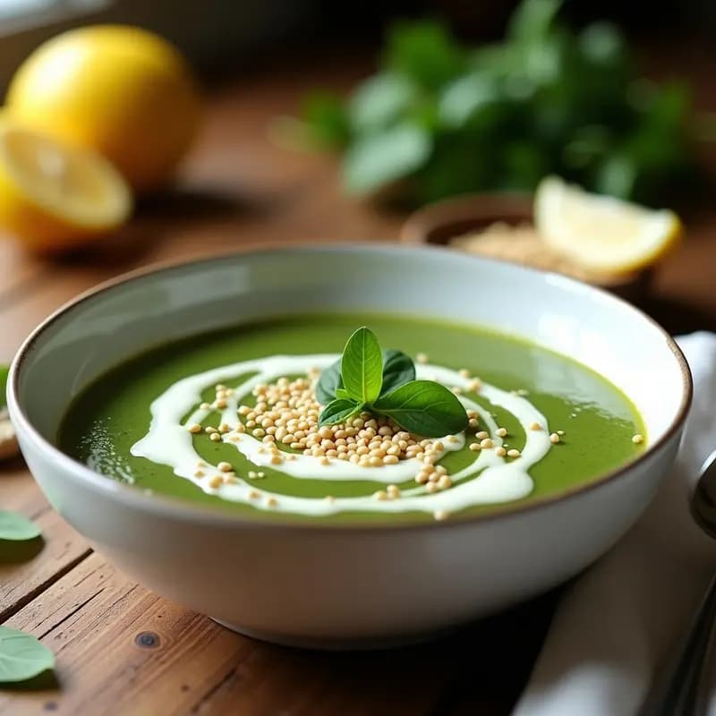 Cuenco de cerámica blanca con sopa de ajonjolí y espinacas, decorada con yogur vegetal y semillas de ajonjolí tostado, acompañada de gajos de limón al lado.