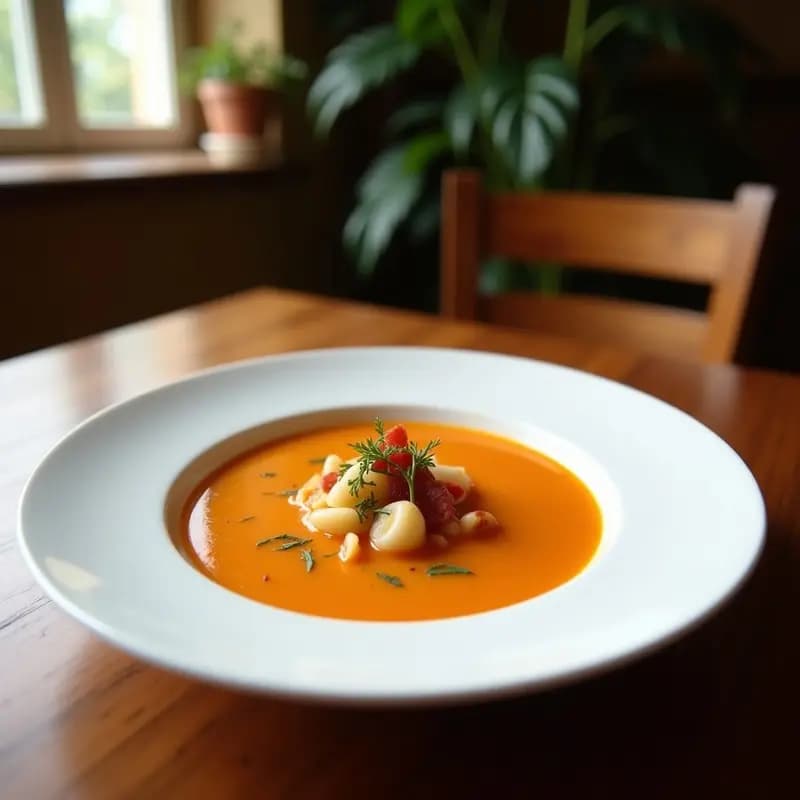 Plato hondo blanco con sopa de alcachofas y jamón ibérico, espolvoreado con perejil fresco, sobre una mesa de madera rústica.