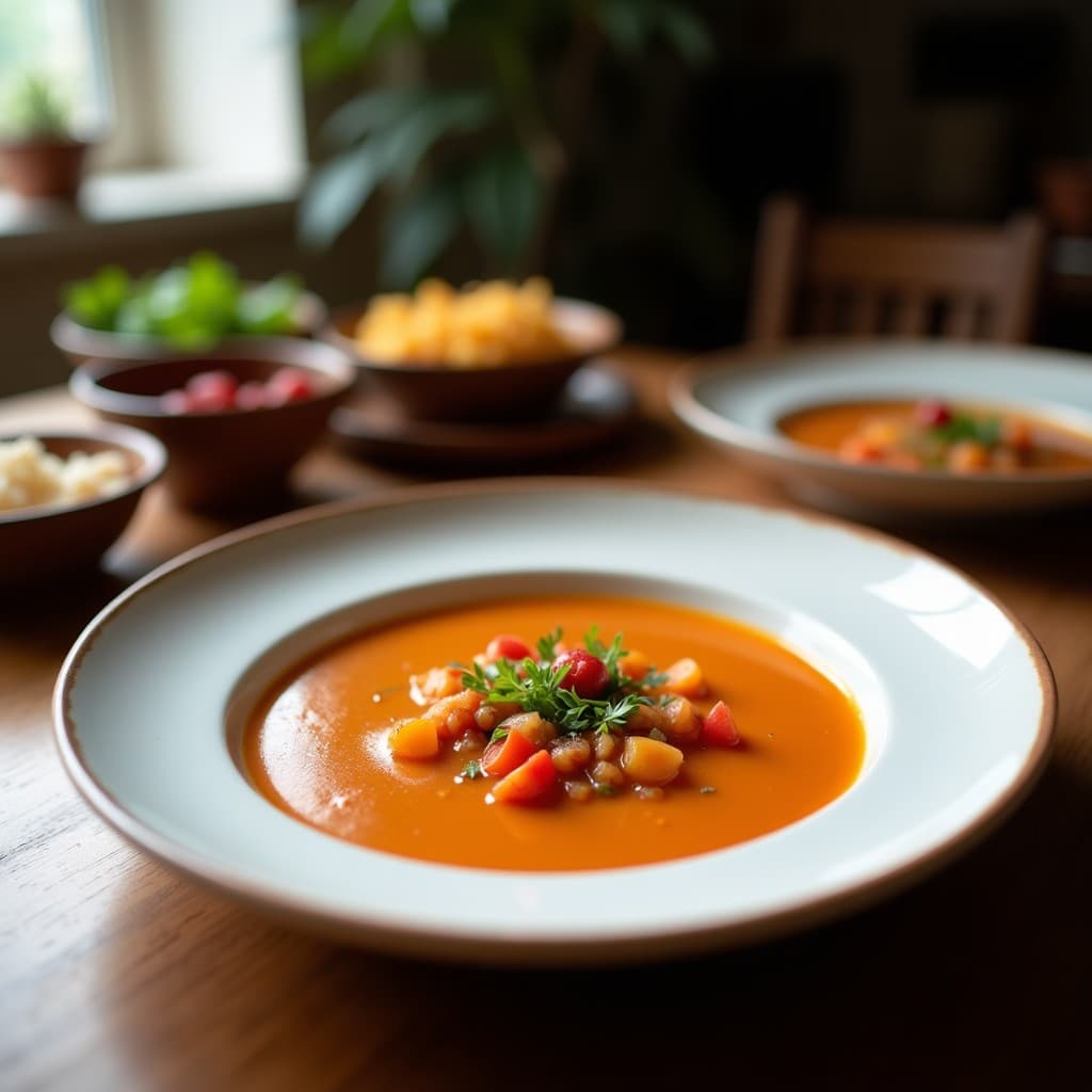 Cuenco hondo de cerámica negra con sopa cremosa de almendras y ajo negro, coronada con almendras tostadas doradas, trozos de pan integral crujiente y perejil fresco. Fondo rústico con textura de madera.