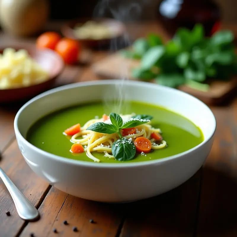 Plato hondo blanco con sopa de fideos verdes de espinaca y trozos de espinacas frescas, decorada con queso parmesano rallado y una pizca de pimienta negra.
