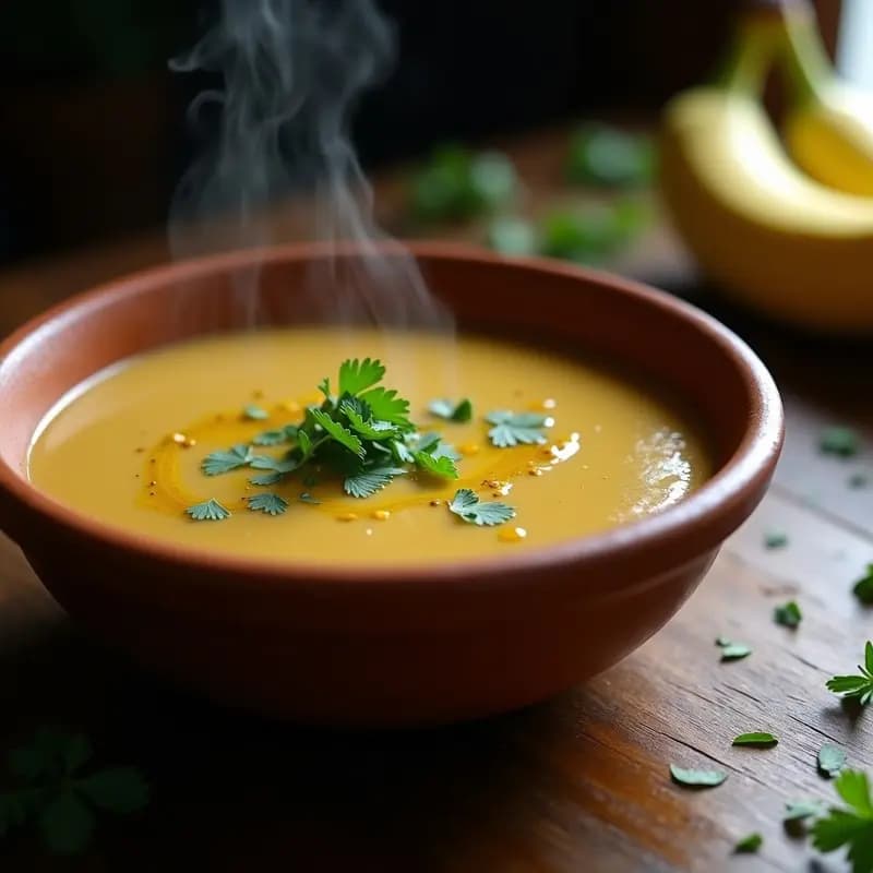 Cuenco de barro humeante con sopa de jojo y plátano macho canaria, textura cremosa y color beige, decorada con perejil fresco y un hilo de aceite de oliva.