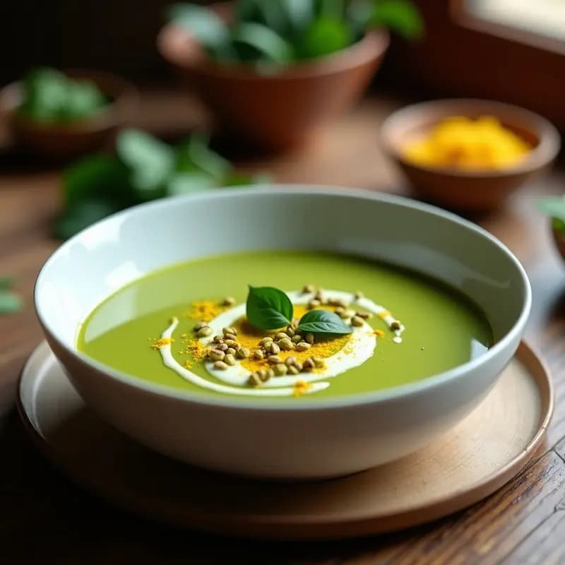 Cuenco de cerámica blanca con sopa de pistacho y espinacas vegana, cremosa y de color verde intenso, decorada con pistachos picados y un hilo de aceite de oliva. Plato rústico de fondo de madera.