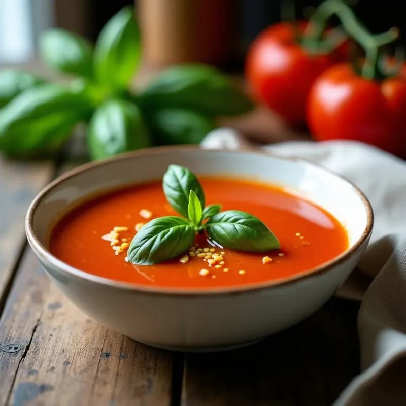 Cuenco blanco con sopa de tomate ahumado cremosa, decorada con hojas de albahaca fresca y un hilo de aceite de oliva virgen extra, sobre una mesa de madera rústica.