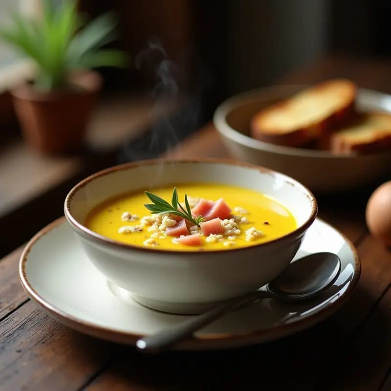 Cuenco hondo de cerámica blanca con sopa de espárragos blancos y azafrán keto, decorada con taquitos de jamón serrano, huevo duro picado y hebras de azafrán, sobre fondo rústico de madera con pan de centeno tostado al lado.