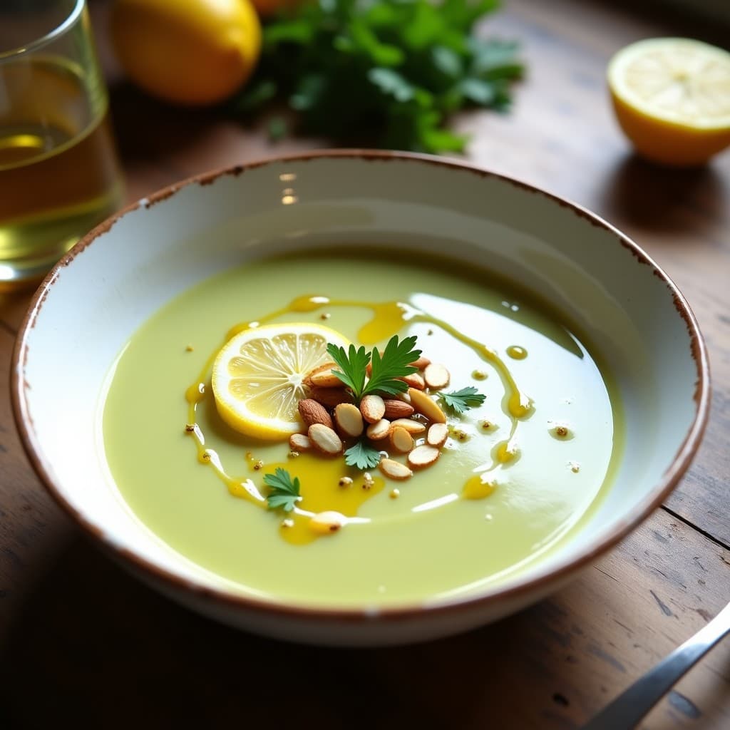 Cuenco blanco de cerámica con sopa cremosa de espárragos blancos, decorada con vinagreta dorada de azafrán, almendras laminadas tostadas y perejil fresco. Rodaja de limón al lado sobre fondo rústico de madera.
