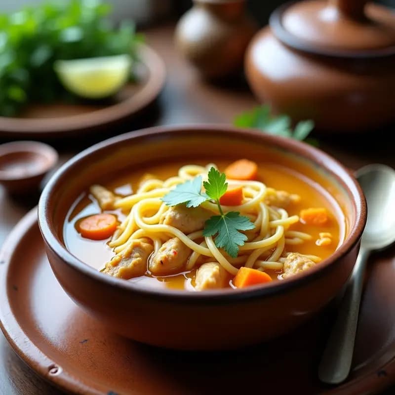 Plato hondo de barro con sopa de fidea fina bañada en caldo dorado de azafrán, trozos de pollo desmenuzado, zanahoria y cilantro fresco. Receta mexicana reconfortante en olla exprés.