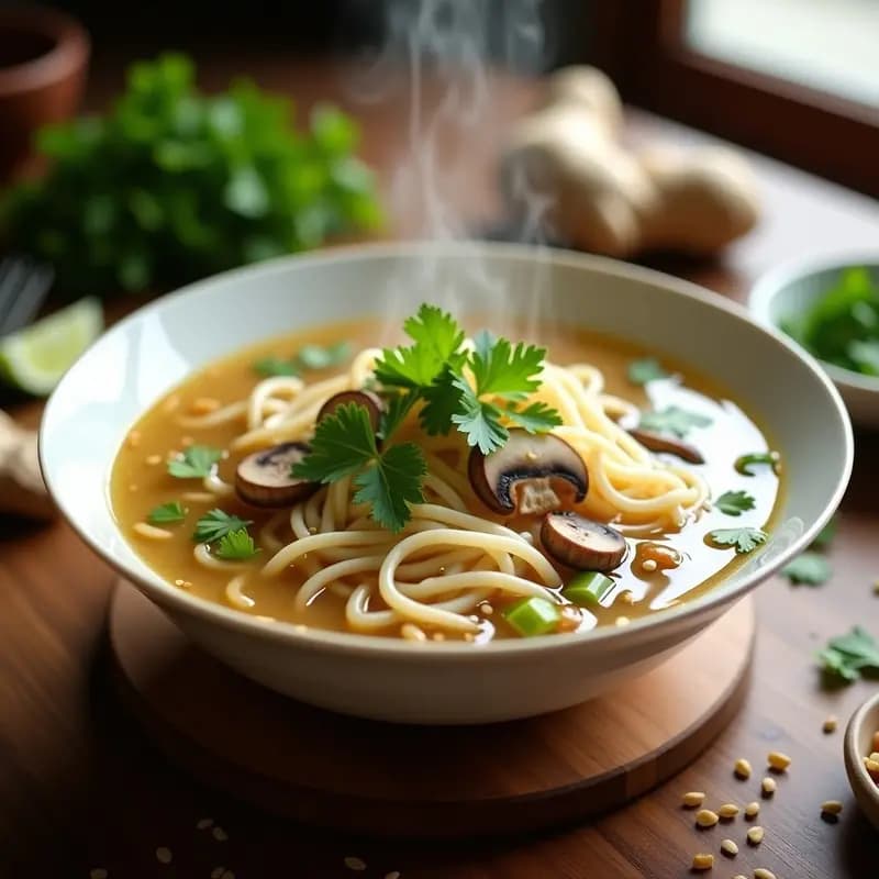 Bowl hondo de cerámica blanca con sopa de fideo de arroz y jengibre, decorado con cilantro fresco y semillas de sésamo, sobre fondo de madera rústica con jengibre fresco y champiñones shiitake al lado.