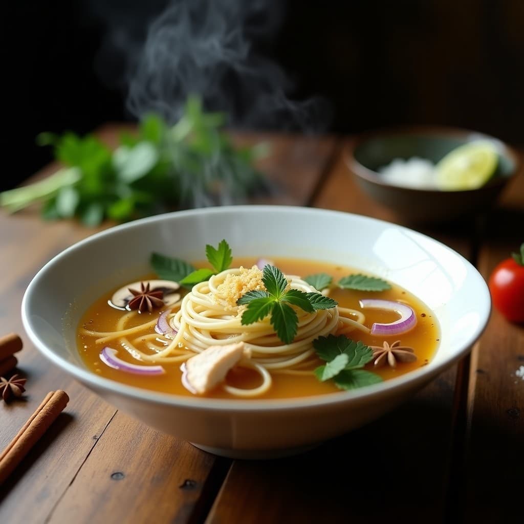 Bowl hondo de cerámica blanca con sopa de fideo de arroz con jengibre y caldo de huesos, decorada con hierbas frescas, rodajas de limón y trozos de pollo, sobre una superficie de madera rústica.