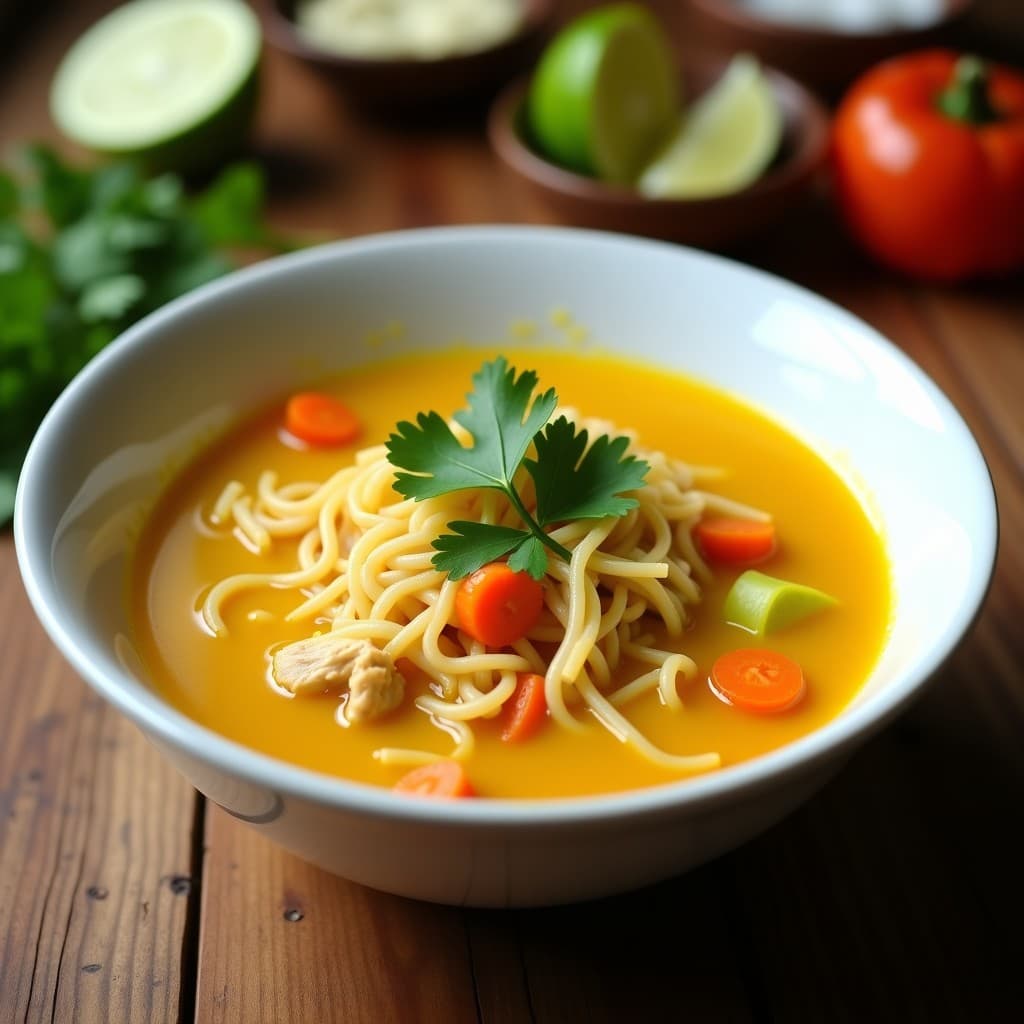 Plato hondo de cerámica blanca con sopa de fideo de arroz con pollo y cúrcuma, decorada con cilantro fresco y rodajas de limón, sobre fondo rústico de madera. Receta colombiana detox en olla exprés.