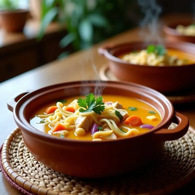 Cuenco hondo de cerámica blanca con sopa de fideo cabello de ángel en caldo dorado, trozos de pollo, rodajas de zanahoria y especias marroquíes. Decorado con cilantro fresco y una rodaja de limón al lado. Fondo rústico de madera con pan fresco.