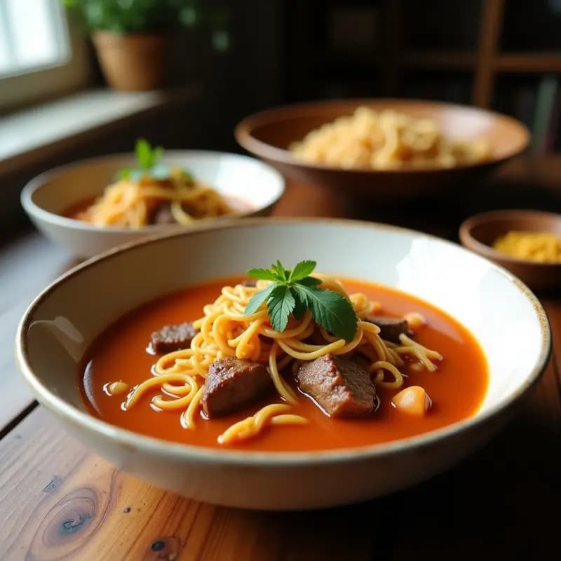 Plato hondo de barro con sopa de fideo con caldo de res y chipotle, espolvoreada con cilantro fresco y acompañada de rodajas de limón verde y tortillas de maíz. Fondo rústico con textura de madera oscura.