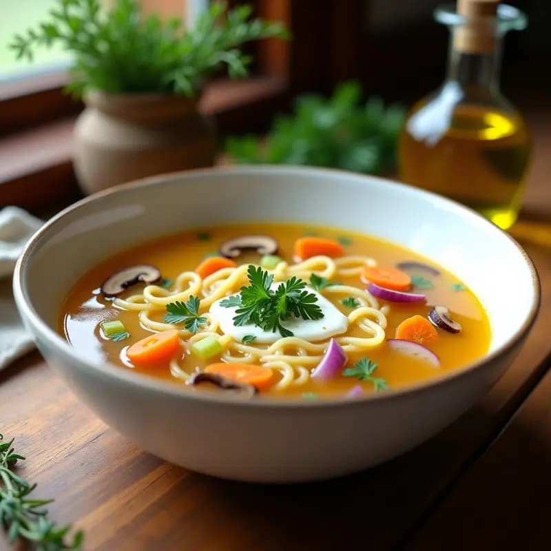 Plato hondo de cerámica blanca con sopa de fideo francés keto, caldo dorado de verduras y hierbas provenzales, decorada con perejil fresco y un hilo de crema de coco.