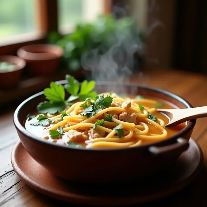 Plato hondo de barro con sopa de fideo seco dorado, caldo de pollo transparente con hierbas provenzales y cilantro fresco, servido con rodajas de limón y chile en polvo al lado.