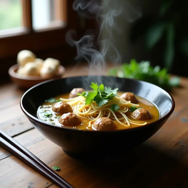 Plato hondo de cerámica oscura con sopa de fideos de trigo, albóndigas de res doradas, brotes de soja y cilantro fresco, bañada en un caldo dorado y aromático, servida en una mesa rústica con palillos chinos.