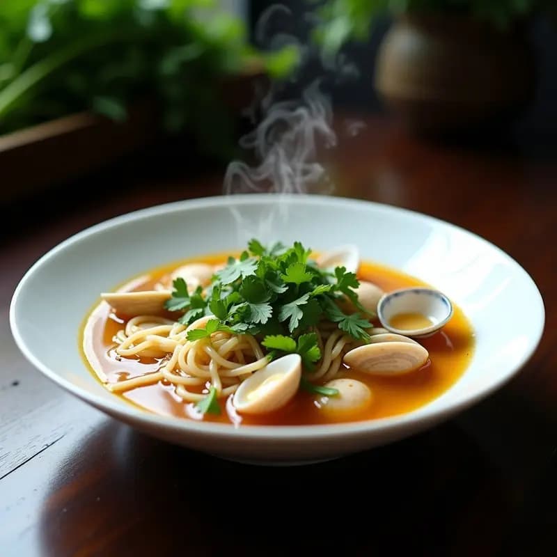 Cuenco hondo de cerámica blanca con sopa cantonés de fideos de arroz, almejas abiertas, cilantro fresco y cebollino, bañada en un caldo dorado y aromático, con un hilo de aceite de sésamo brillando en la superficie.