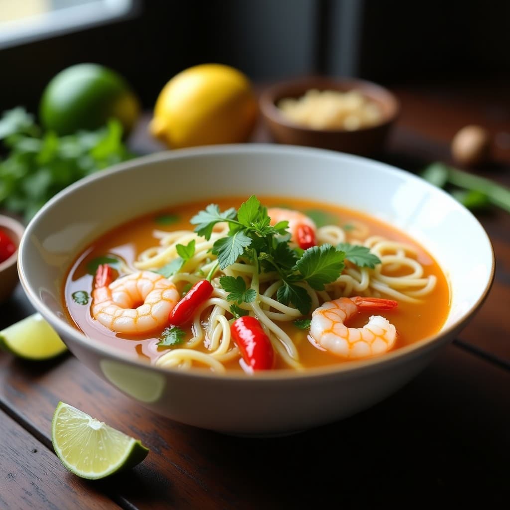 Cuenco hondo de cerámica blanca con sopa vietnamita de fideos de arroz transparentes, camarones rosados, tallos de limoncillo, hierbas frescas y rodajas de chile rojo, sobre fondo de madera rústica.