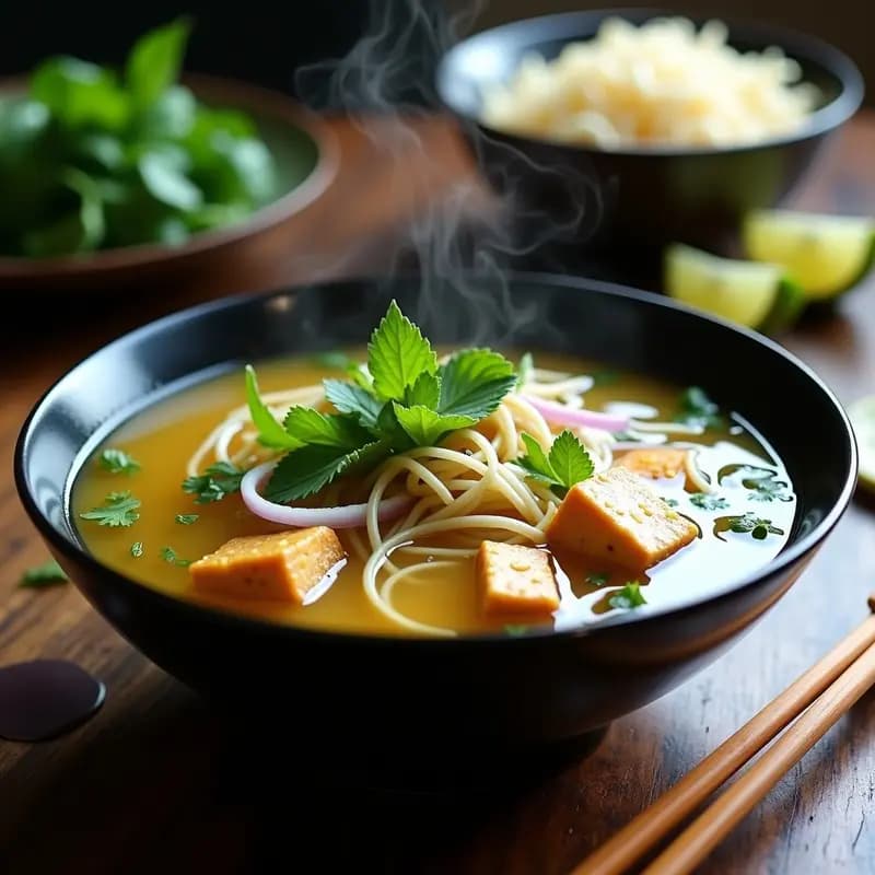 Cuenco hondo de cerámica negra con sopa de fideos de arroz sumergidos en un caldo dorado y transparente, tofu dorado en cubos, brotes de soja, cilantro fresco y rodajas de lima. Tallos de lemongrass y hojas de menta como decoración. Receta vietnamita detox y sin gluten.