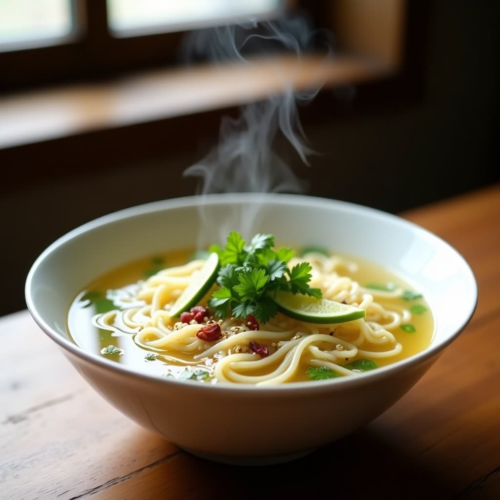 Bowl blanco con sopa de fideos de arroz finos en caldo claro, decorada con hojas verdes de hierba Luisa, rodajas de limón verde, cilantro picado y semillas de sésamo. Plato peruano refrescante y colorido sobre mesa de madera rústica.