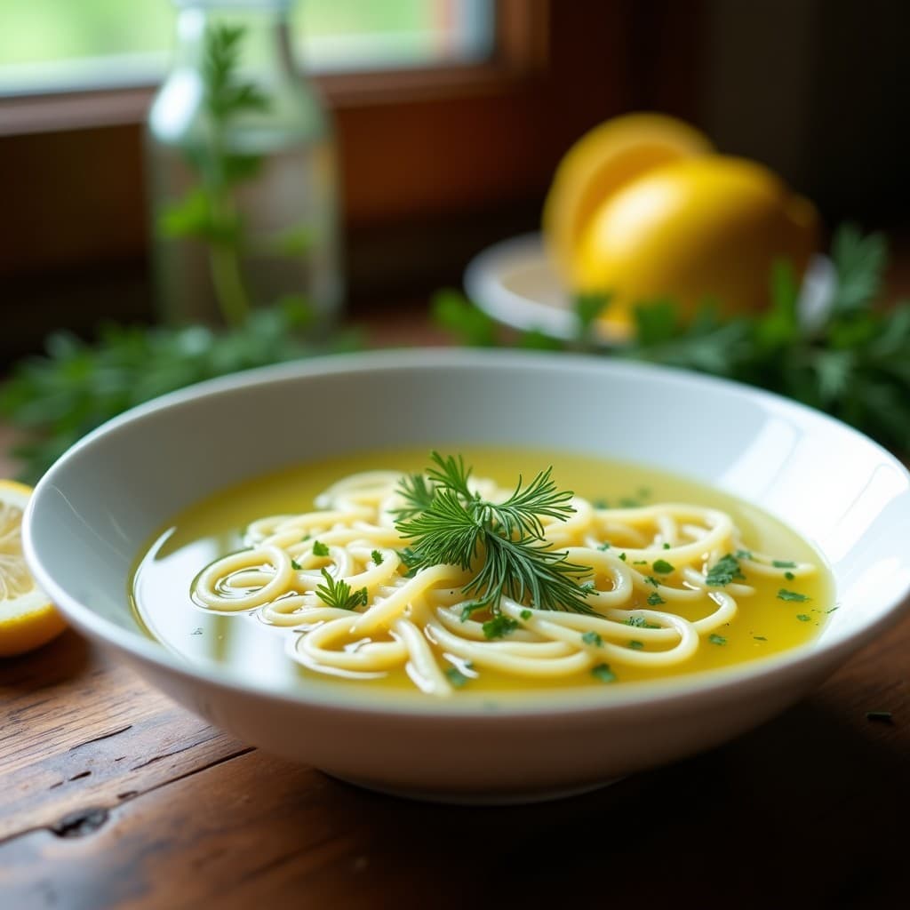 Plato hondo de cerámica blanca con sopa de fideos de arroz bañados en un caldo dorado, decorado con hierbas frescas como eneldo y perejil, rodajas de limón y un toque de zest. Fondo rústico con texturas de madera y luz natural.