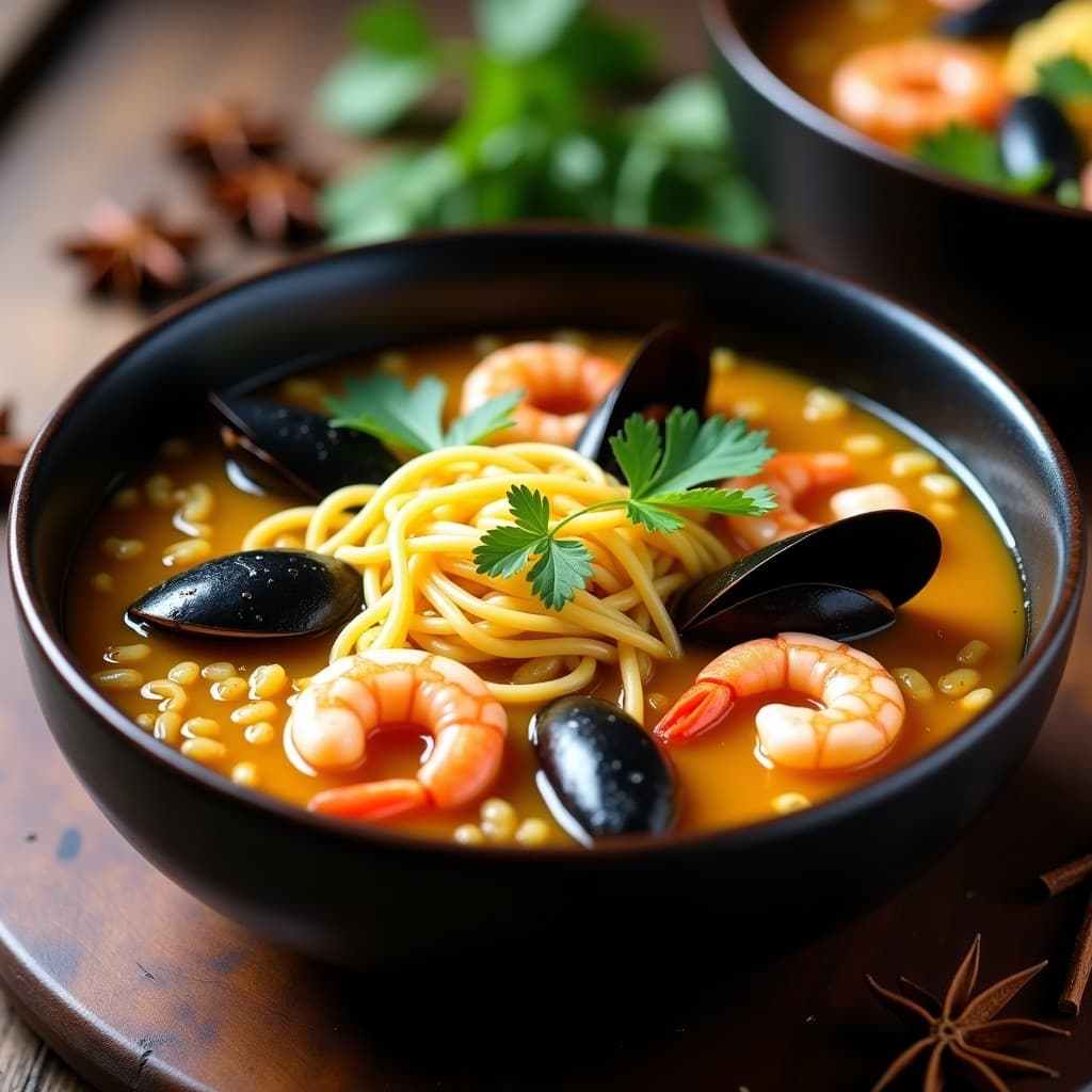 Cuenco hondo de porcelana blanca con sopa de fideos de arroz finos, gambas rosadas, mejillones abiertos y calamares en anillos, bañados en un caldo dorado por el azafrán. Decorado con cilantro fresco y pimienta de Sichuan. Receta china de sopa de mariscos en olla exprés.