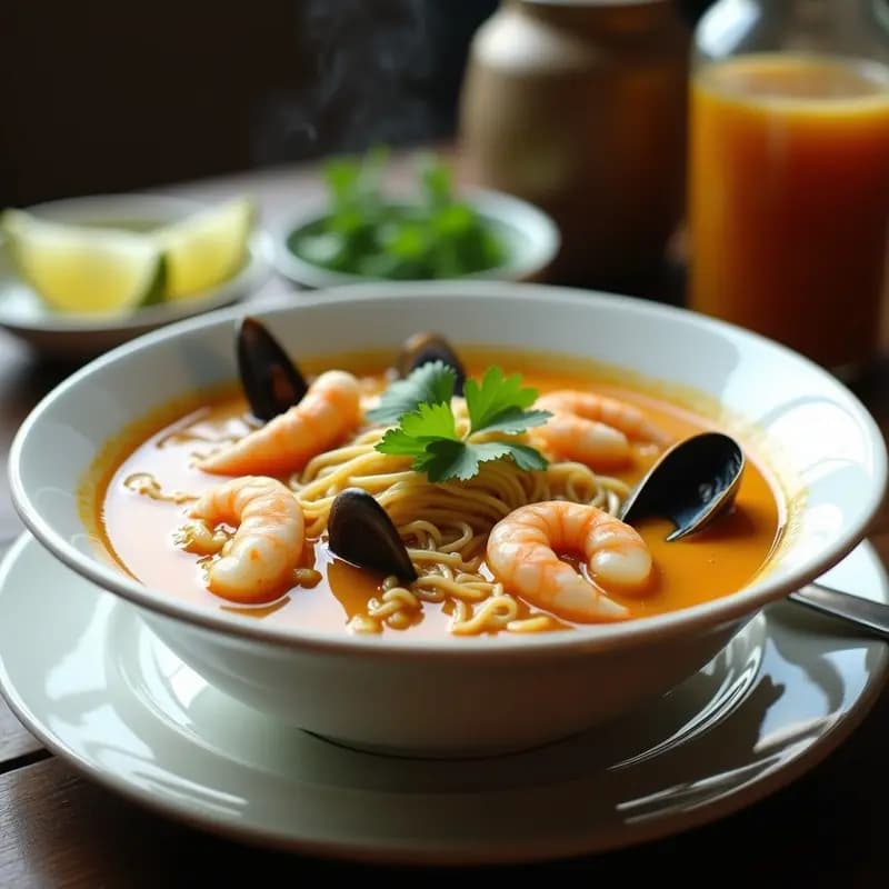 Plato hondo de cerámica blanca con sopa de fideos de arroz filipinos, caldo dorado por el achuete, gambas rosadas, mejillones abiertos y calamares en rodajas, decorado con hojas de cilantro y rodajas de calamansi al lado.