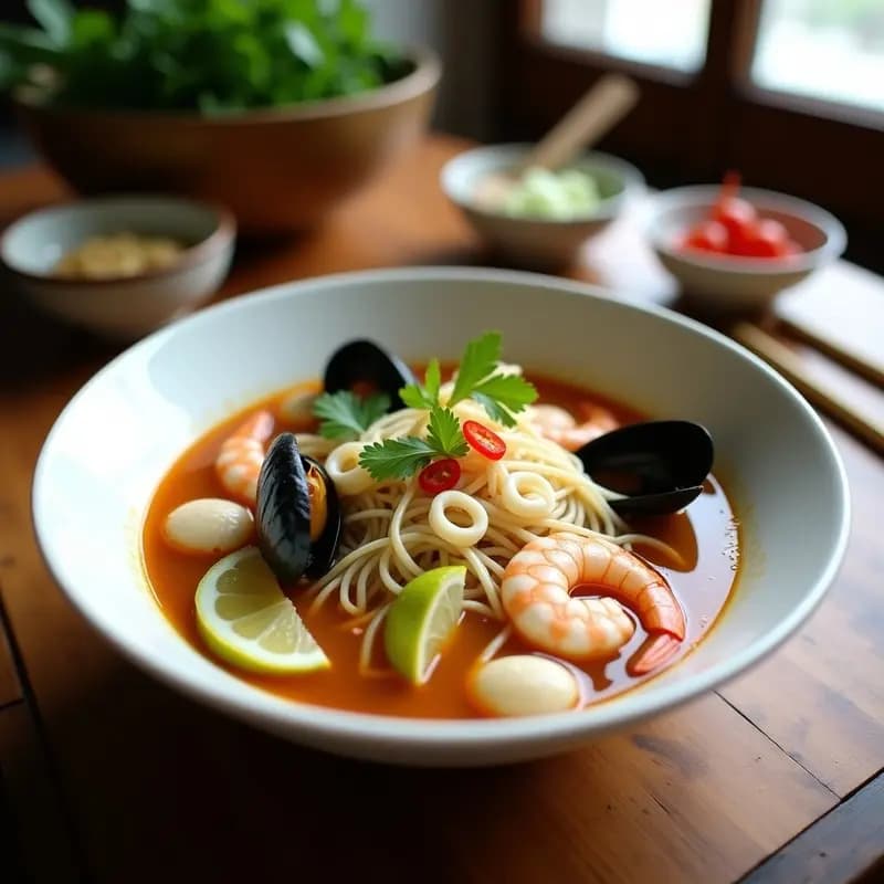 Cuenco hondo de cerámica blanca con sopa de fideos de arroz sumergidos en un caldo dorado y transparente, coronada con langostinos rosados, mejillones negros abiertos, calamares tiernos y gajos de limón verde. Hoja de cilantro fresco y rodajas de chile rojo flotando en la superficie. Fondo borroso de mesa de madera rústica con utensilios vietnamitas tradicionales.