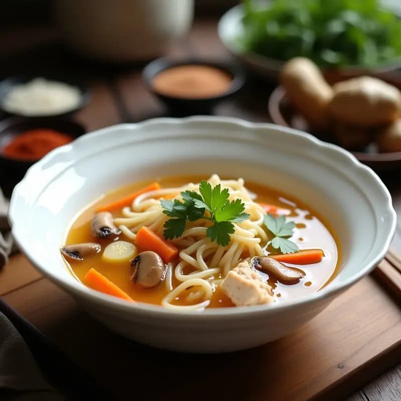 Plato hondo de porcelana blanca con sopa de fideos de arroz y pollo al estilo Hokkien, caldo dorado aromático, trozos de pollo, fideos planos, hongos shiitake, cilantro fresco y un toque de pimienta Sichuan, servida en mesa de madera rústica.