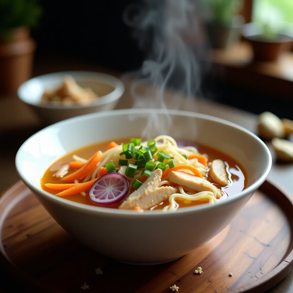 Plato hondo de cerámica blanca con sopa de fideos de arroz finos, trozos de pollo tierno, zanahoria en juliana y cebolla morada, decorada con cebollino picado y hilos de huevo cocido. Vapor subiendo del caldo dorado con especias chinas, sobre fondo de madera rústica.