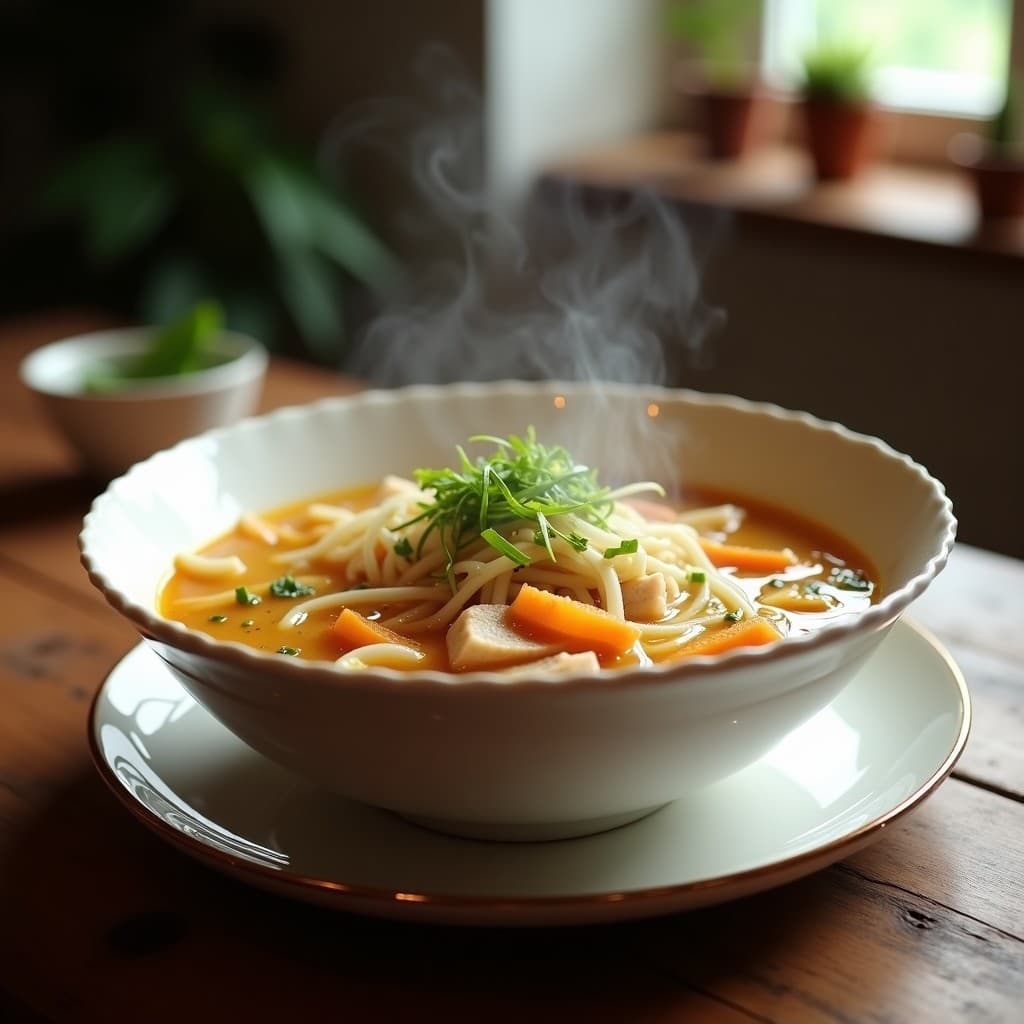 Cuenco hondo de cerámica blanca con sopa de fideos de arroz finos, trozos de pollo desmenuzado, rodajas de zanahoria y cilantro fresco, sobre fondo de madera clara. Vapor subiendo del caldo dorado con jengibre y cúrcuma.