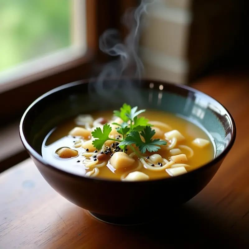 Cuenco hondo de cerámica oscura con sopa taiwanesa de fideos de arroz, rodajas de raíz de loto, cubos de ñame chino y jengibre, decorada con cilantro fresco y semillas de sésamo negro sobre un fondo de madera rústica.