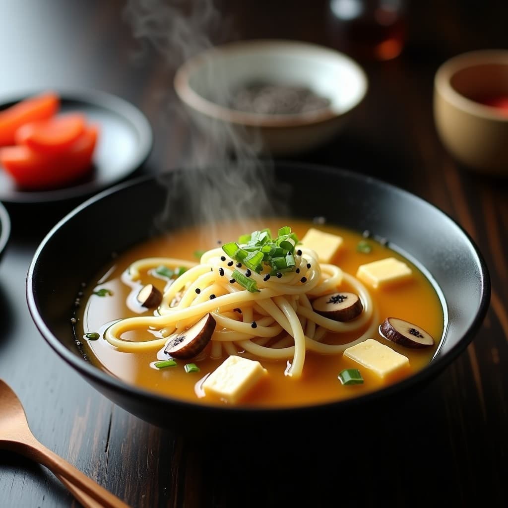 Cuenco hondo de cerámica negra con sopa de fideos de arroz y tofu en caldo dorado, decorada con algodón de azúcar salado blanco que se derrite levemente, cebollino picado y semillas de sésamo. Plato vegano fusion chino-japonesa con texturas contrastantes.