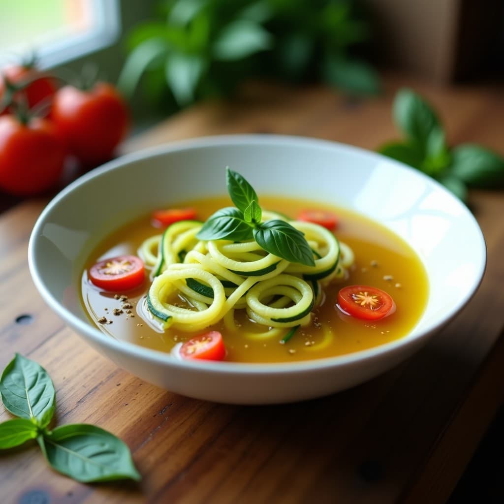 Plato hondo de porcelana blanca con sopa de fideos de calabacín verdes en espiral, bañados en un caldo dorado con trozos de tomate cherry y hojas de albahaca fresca. Decorado con un hilo de aceite de oliva y pimienta negra, sobre un fondo rústico de madera.