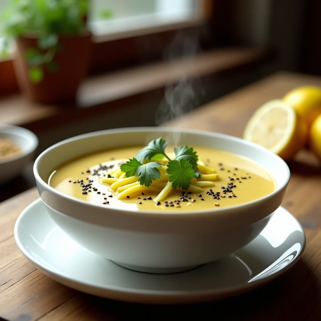 Cuenco hondo de cerámica blanca con sopa de fideos de calabacín y jengibre, decorada con cilantro fresco, semillas de sésamo negro y un hilo de aceite de sésamo. Fondo con textura de madera rústica y limón cortado por la mitad.