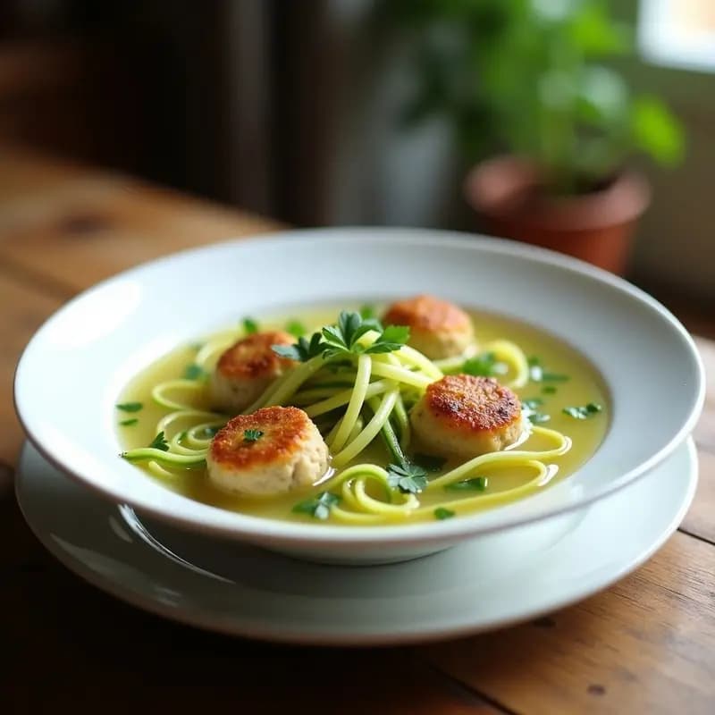 Plato hondo blanco con sopa de fideos de calabacín verdes y albóndigas de merluza doradas, decorado con perejil fresco. Receta low carb en Thermomix.