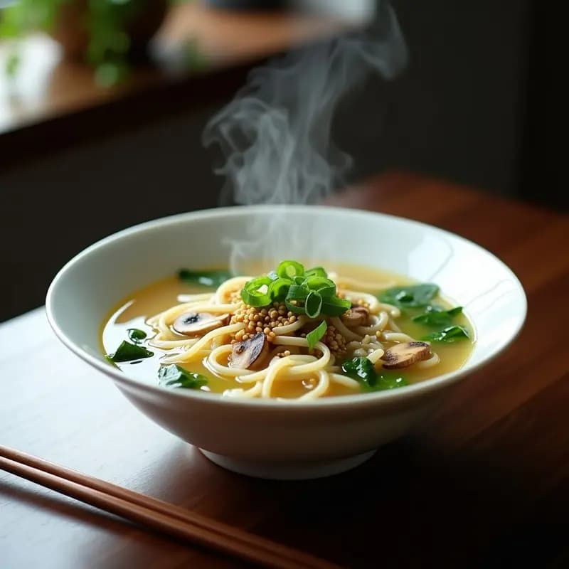 Cuenco blanco humeante con sopa de fideos cellophane transparentes, hongos shiitake dorados, bok choy verde brillante y semillas de sésamo negro. Receta china sin gluten lista en 15 minutos.