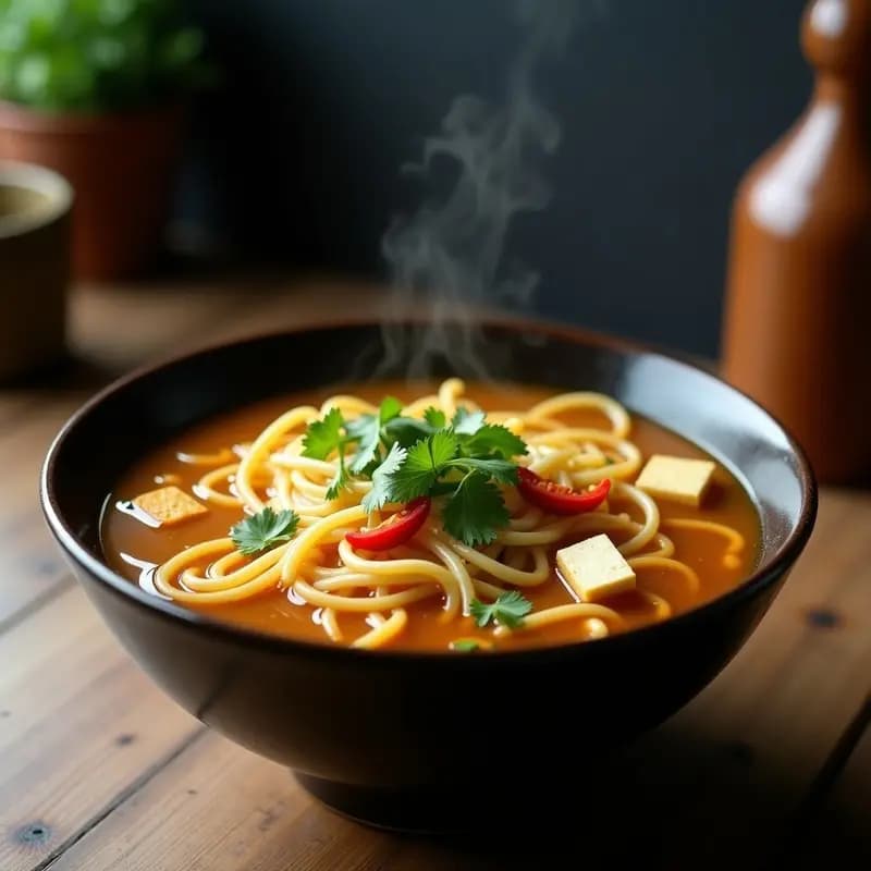 Bowl hondo de cerámica negra con sopa de fideos chinos dorados, brotes de soja frescos, rodajas de zanahoria y jengibre, decorado con cebollino. Plato vegano y reconfortante con caldo aromático.