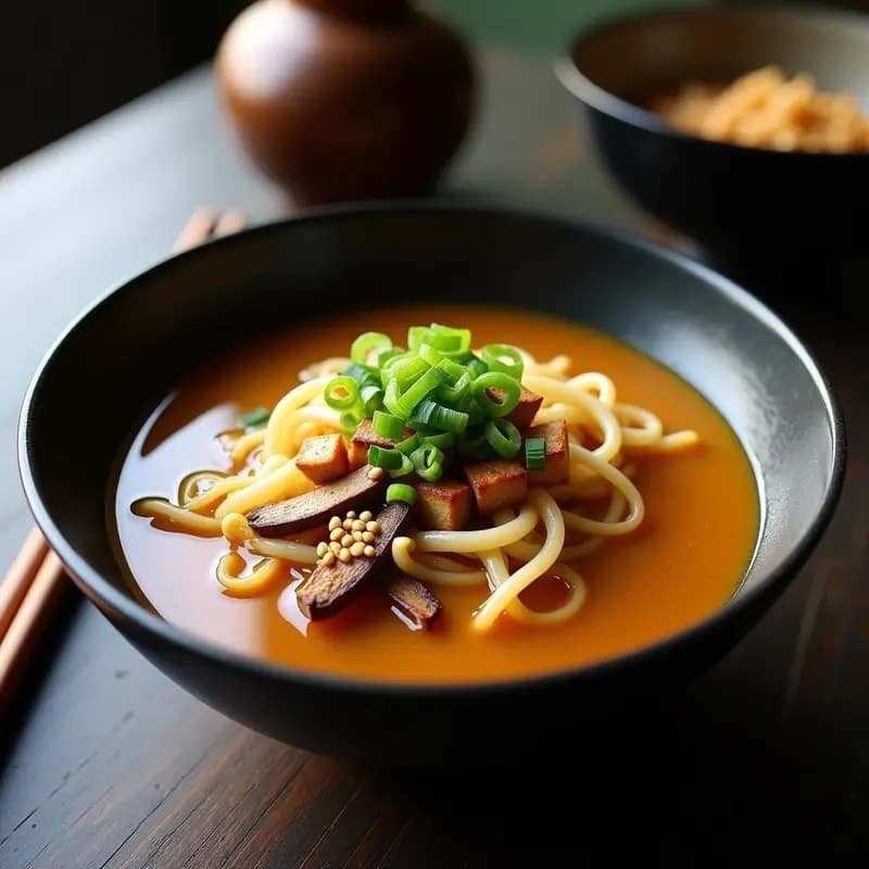 Cuenco hondo de cerámica negra con sopa de fideos dan dan vegana, fideos de trigo sarraceno bañados en caldo dorado, tofu marinado, brotes de soja crujientes y salsa espesa de sésamo y cacahuete. Decorado con cebollino fresco y pimienta de Sichuan.