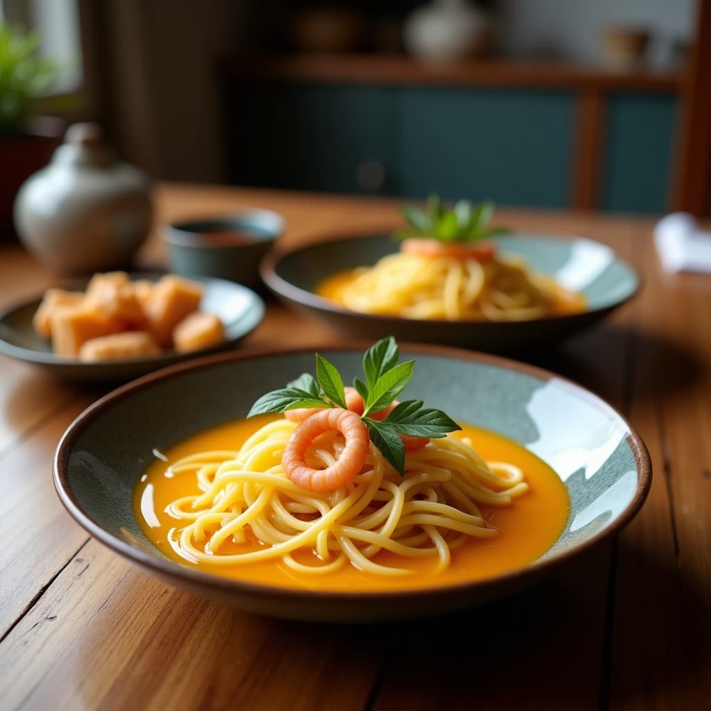 Cuenco hondo de cerámica blanca con sopa de fideos de Kalamata y calamares en salsa de azafrán, decorada con perejil fresco y rodajas de limón, sobre fondo rústico de madera con pan tostado al lado.