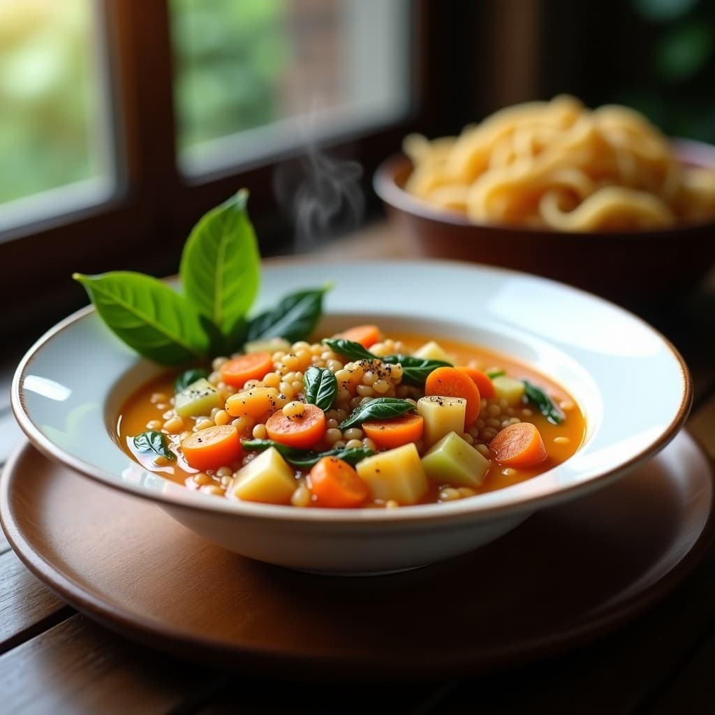 Cuenco hondo de cerámica blanca con sopa de fideos de lentejas rojas y verduras, caldo dorado espeso, trozos de zanahoria y apio visibles, decorado con cilantro fresco y rodajas de limón al lado, sobre fondo de madera rústica.