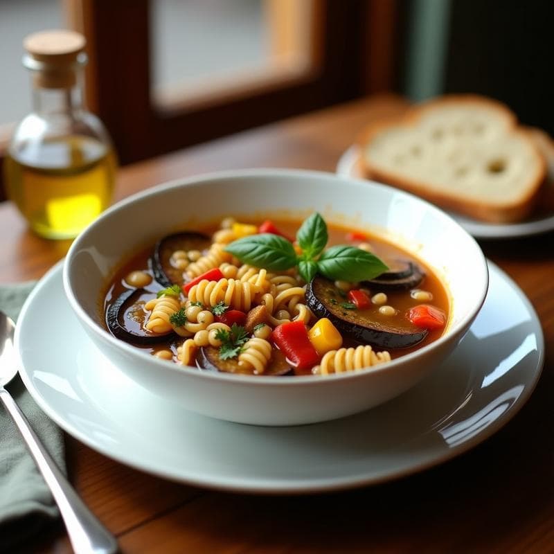 Plato hondo de cerámica blanca con sopa espesa de fideos de lentejas, verduras asadas (berenjena, calabacín y pimiento) y hierbas frescas, servida con un hilo de aceite de oliva. Fondo rústico con pan sin gluten.
