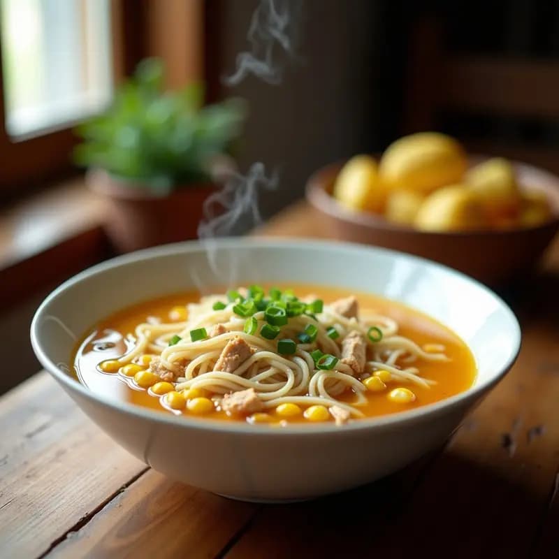 Tazón hondo de cerámica blanca con sopa de fideos de arroz, trozos de pollo desmenuzado, granos de maíz dulce amarillo y hilos de huevo cocido, decorado con cebollino fresco picado y un chorrito de aceite de sésamo, sobre fondo de madera rústica.