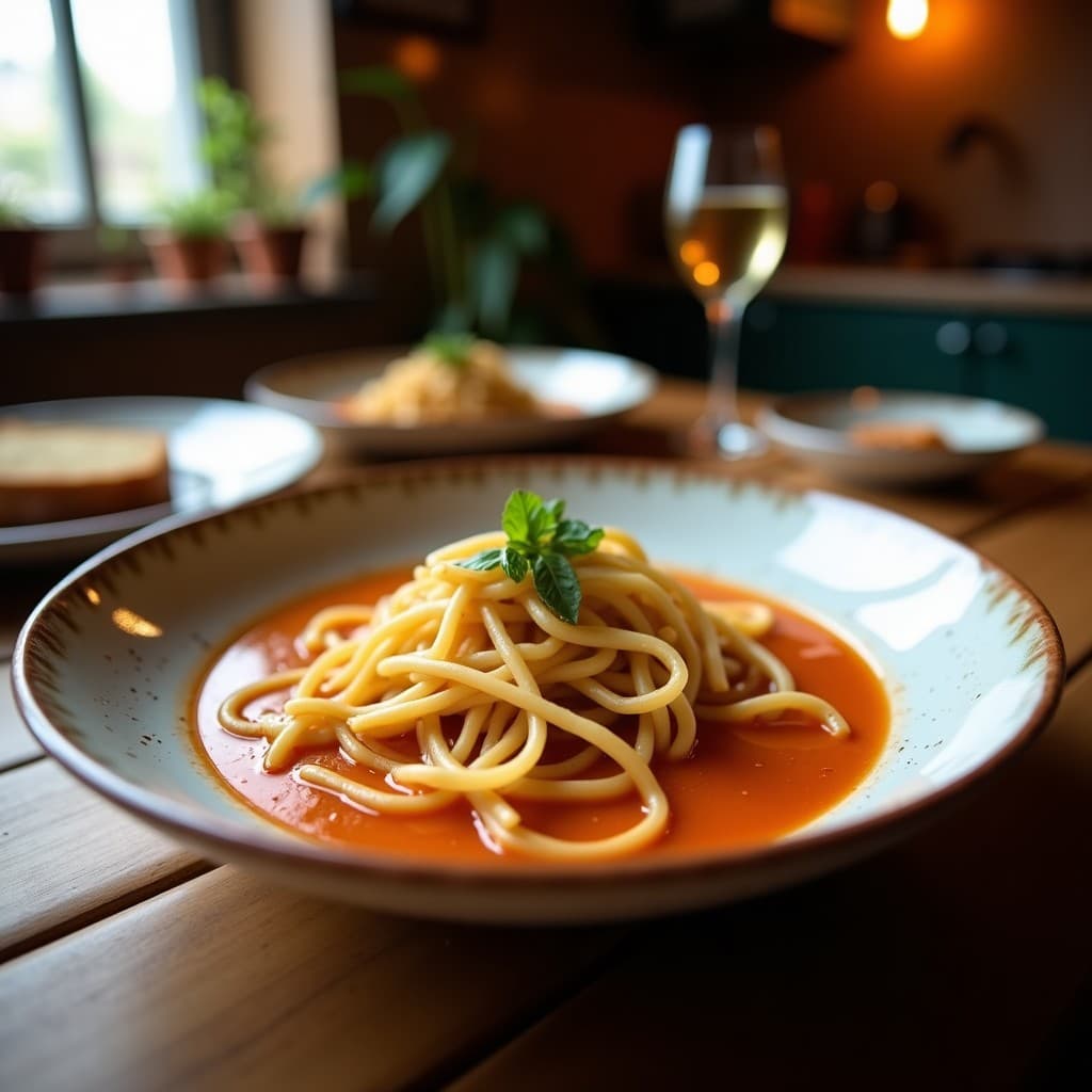 Cuenco de cerámica blanca con sopa de fideos shakirat con pollo, caldo dorado especiado, trozos de pollo, zanahoria y perifollo fresco, sobre fondo de madera rústica.