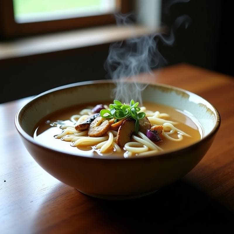 Cazuela humeante con sopa de fideos shirataki translúcidos, champiñones dorados y cebolla morada, espolvoreada con cebollino fresco. Plato bajo en calorías y sin gluten, con fondo de madera rústica.