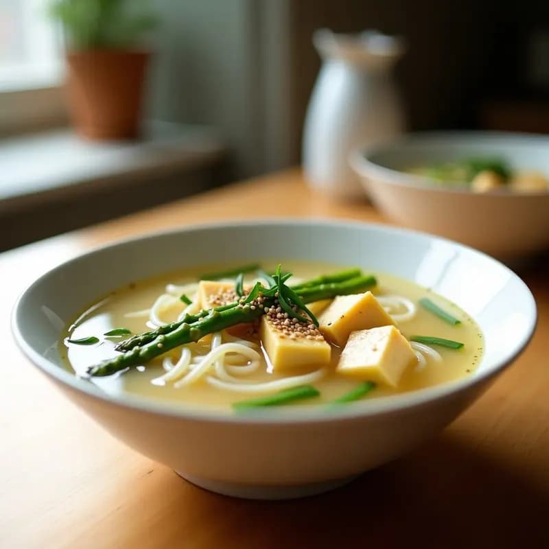 Cuenco hondo de cerámica blanca con sopa de fideos shirataki transparentes, cubos de tofu dorado, espárragos trigueros verdes y semillas de sésamo tostadas. Decoración con cebollino fresco picado sobre fondo de madera clara. Receta china baja en calorías.