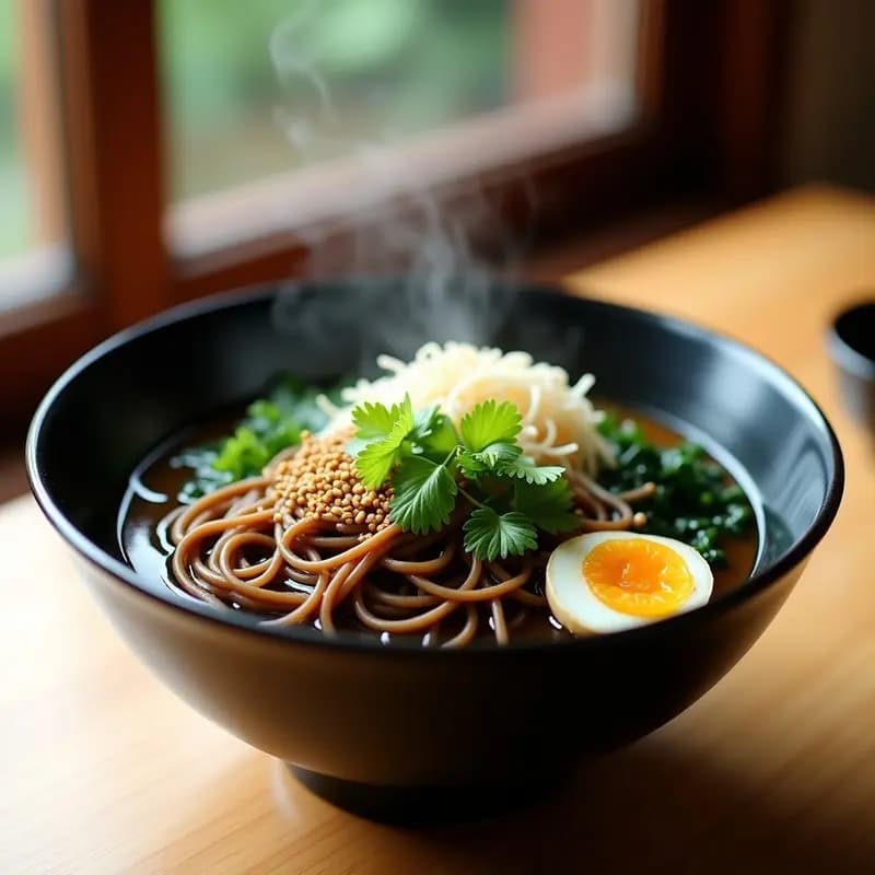 Cuenco blanco de cerámica con sopa humeante de fideos soba marrones, algas wakame verdes, zanahoria naranja en juliana y semillas de sésamo negro. Decorado con cebollino picado y una rodaja de limón al lado. Plato japonés detox y alto en yodo.